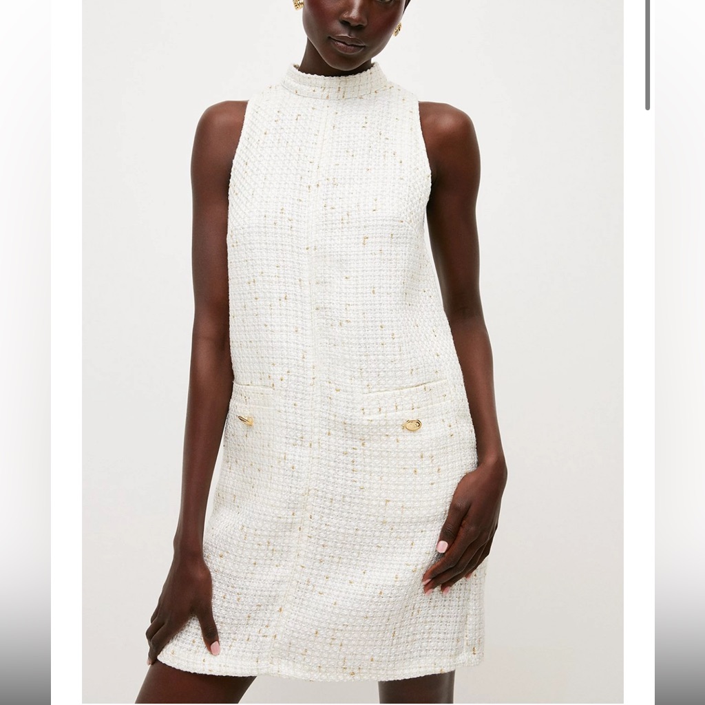 Karen Millen Metallic Tweed Pocket Shift Mini Dress In White/Gold